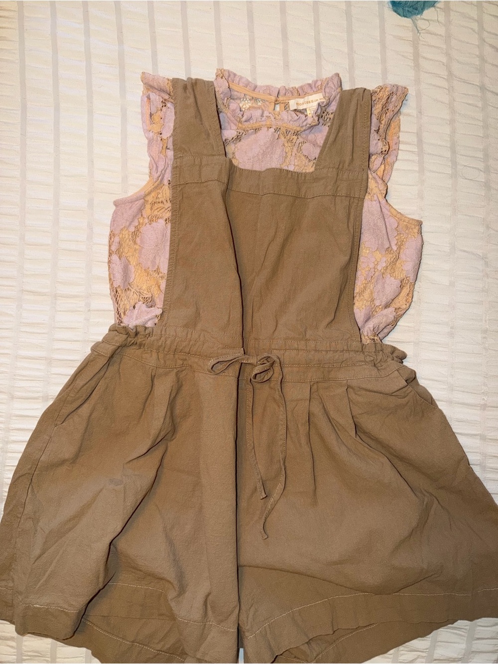 Neutral Tan Pinafore Romper with Drawstring Waist